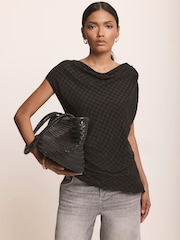 Mint Velvet Black Checked Satin Drape Detail Top - Image 1 of 7