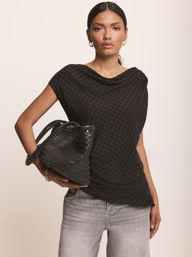 Mint Velvet Black Checked Satin Drape Detail Top - Image 1 of 7 Mint Velvet Black Checked Satin Drape Detail Top - Image 1 of 7