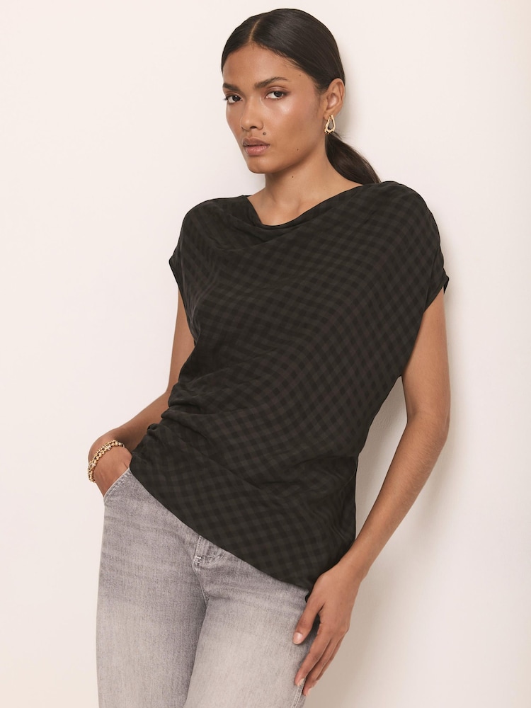 Mint Velvet Black Checked Satin Drape Detail Top - Image 2 of 7 Mint Velvet Black Checked Satin Drape Detail Top - Image 2 of 7