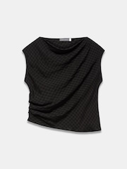 Mint Velvet Black Checked Satin Drape Detail Top - Image 6 of 7