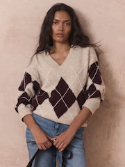 Mint Velvet Natural Argyle V-Neck Jumper - Image 1 of 7