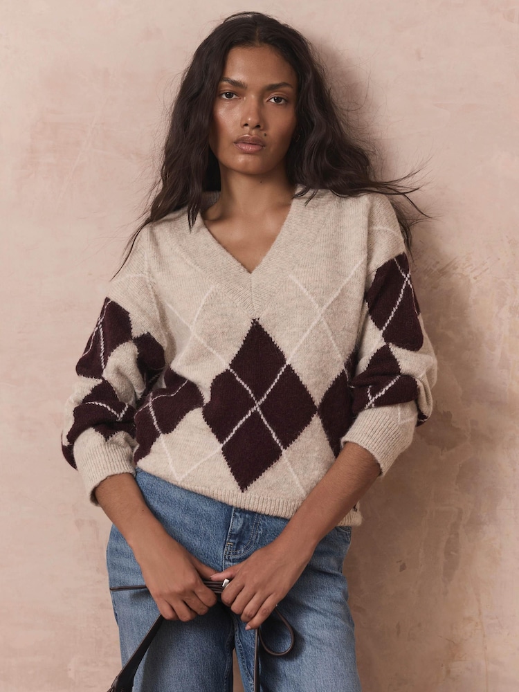 Mint Velvet Natural Argyle V-Neck Jumper - Image 1 of 7 Mint Velvet Natural Argyle V-Neck Jumper - Image 1 of 7