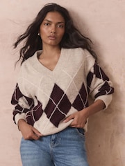Mint Velvet Natural Argyle V-Neck Jumper - Image 2 of 7