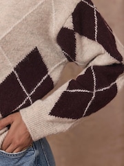Mint Velvet Natural Argyle V-Neck Jumper - Image 3 of 7