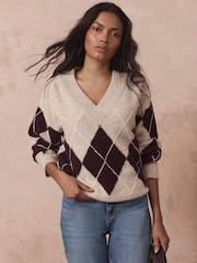 Mint Velvet Natural Argyle V-Neck Jumper - Image 4 of 7