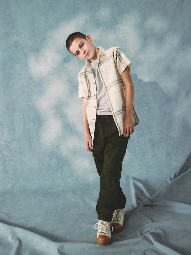 Ecru Cream 100% Cotton Short Sleeve Textured Check Shirt (3-16yrs) - Image 1 of 3