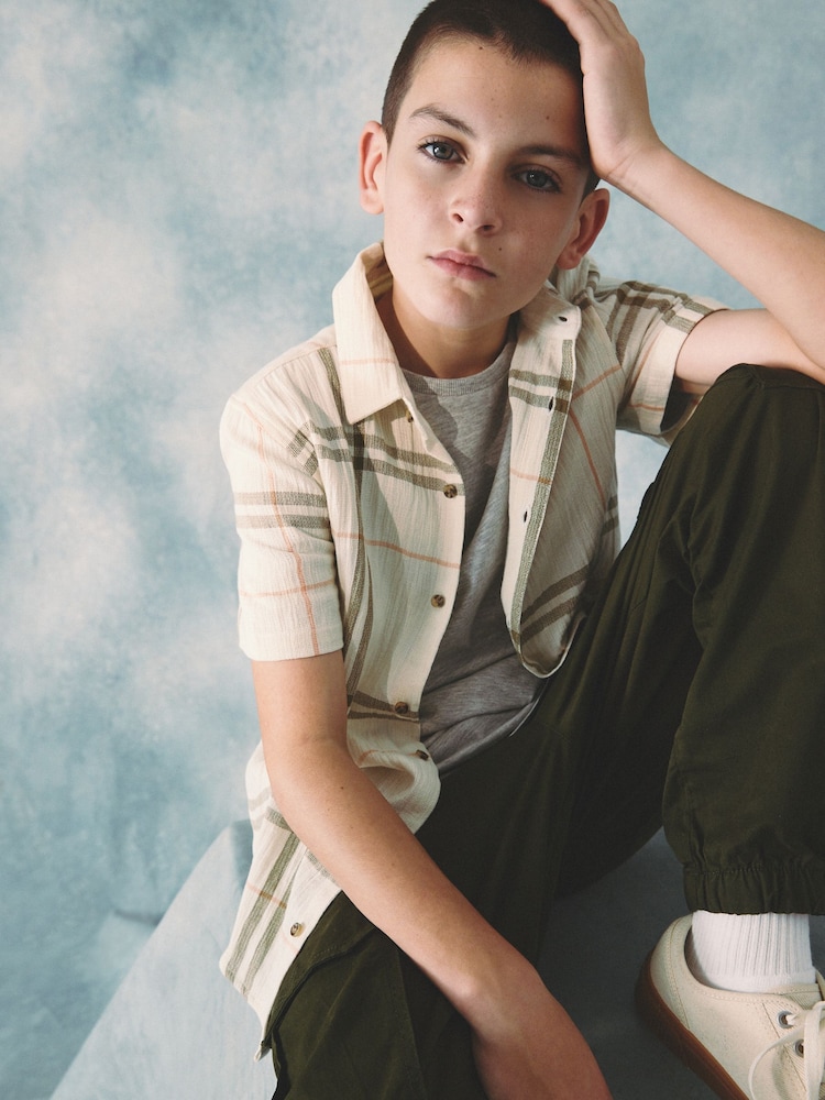 Ecru Cream 100% Cotton Short Sleeve Textured Check Shirt (3-16yrs) - Image 3 of 3