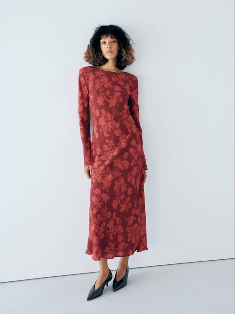 Mango Red Floral Long Sleeve Maxi Dress - Image 1 of 6