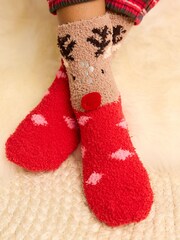 Red and Brown Reindeer Cosy Slippers Socks - Image 1 of 4