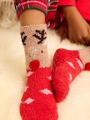 Red and Brown Reindeer Cosy Slippers Socks - Image 2 of 4