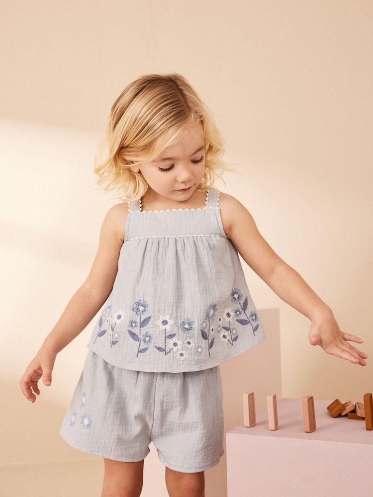 Blue Embroidered Top and Shorts Set (3mths-7yrs) - Image 1 of 7 Blue Embroidered Top and Shorts Set (3mths-7yrs) - Image 1 of 7