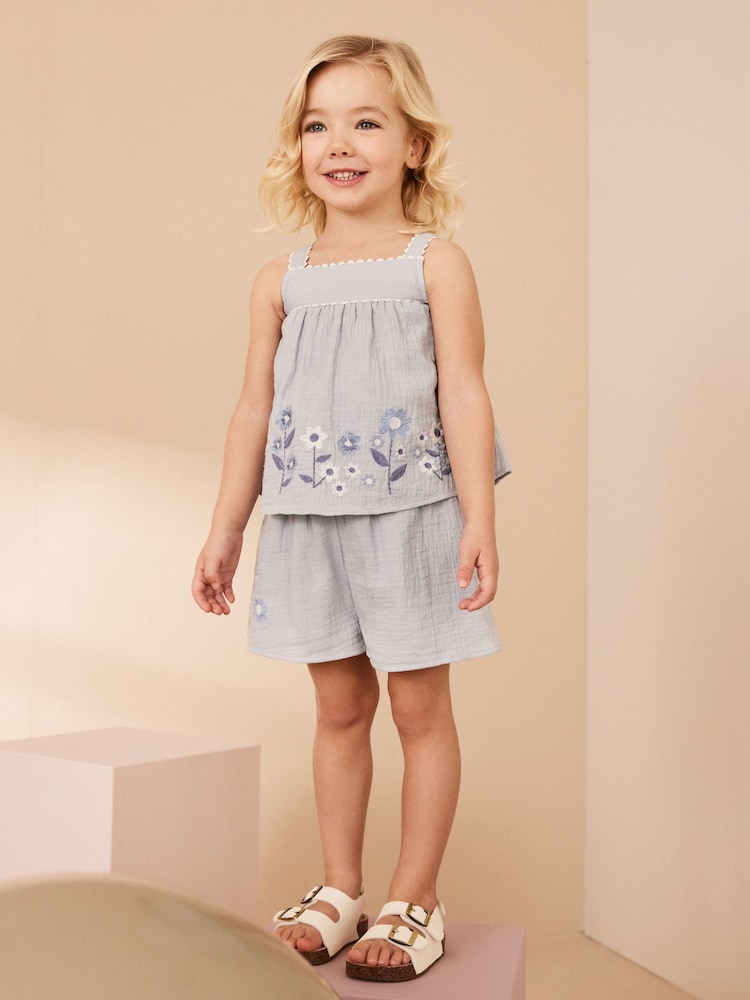 Blue Embroidered Top and Shorts Set (3mths-7yrs) - Image 2 of 7 Blue Embroidered Top and Shorts Set (3mths-7yrs) - Image 2 of 7