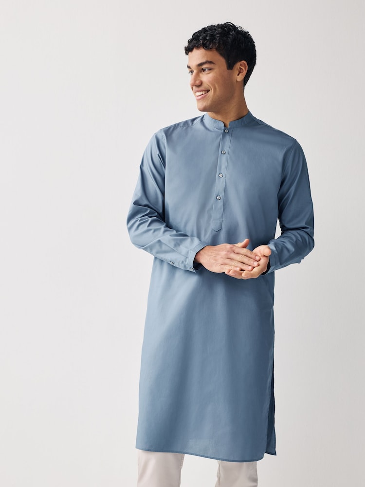 Dusky Blue Regular Fit Cotton Round Neck Kurta - Image 1 of 5 Dusky Blue Regular Fit Cotton Round Neck Kurta - Image 1 of 5