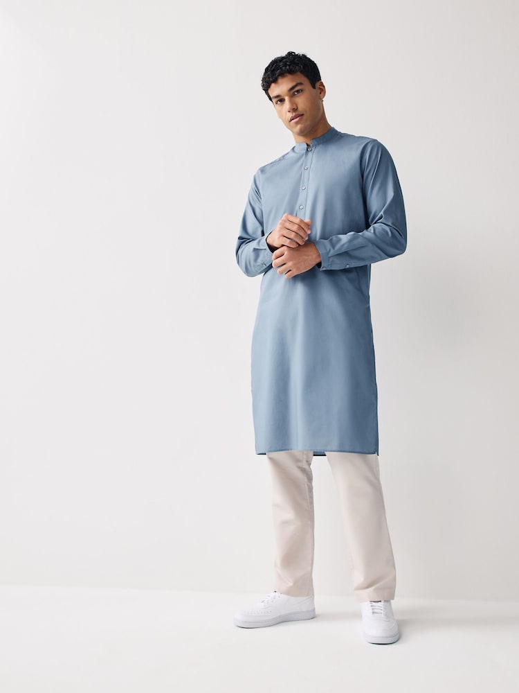 Dusky Blue Regular Fit Cotton Round Neck Kurta - Image 2 of 5 Dusky Blue Regular Fit Cotton Round Neck Kurta - Image 2 of 5