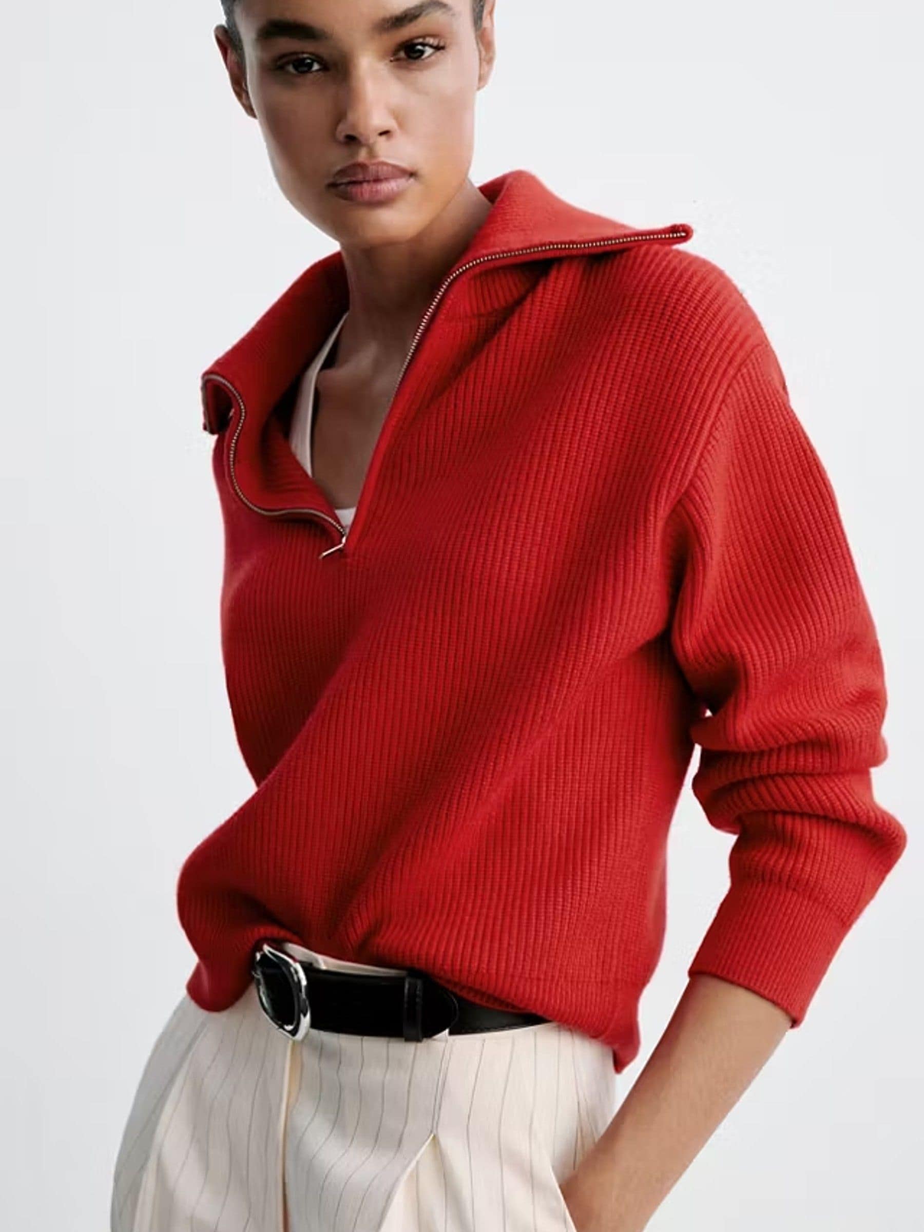 Mango Women's Red Quarter Zip Relaxed Jumper - Image 1