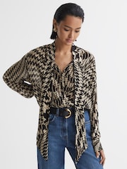 Reiss Black/White Cedar Dogtooth Tie-Neck Blouse - Image 1 of 5