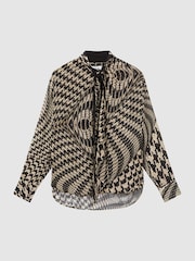 Reiss Black/White Cedar Dogtooth Tie-Neck Blouse - Image 2 of 5
