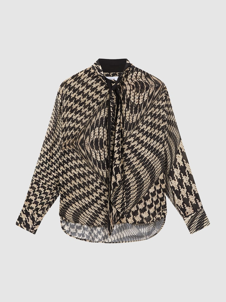 Reiss Black/White Cedar Dogtooth Tie-Neck Blouse - Image 2 of 5