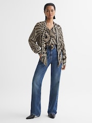 Reiss Black/White Cedar Dogtooth Tie-Neck Blouse - Image 3 of 5