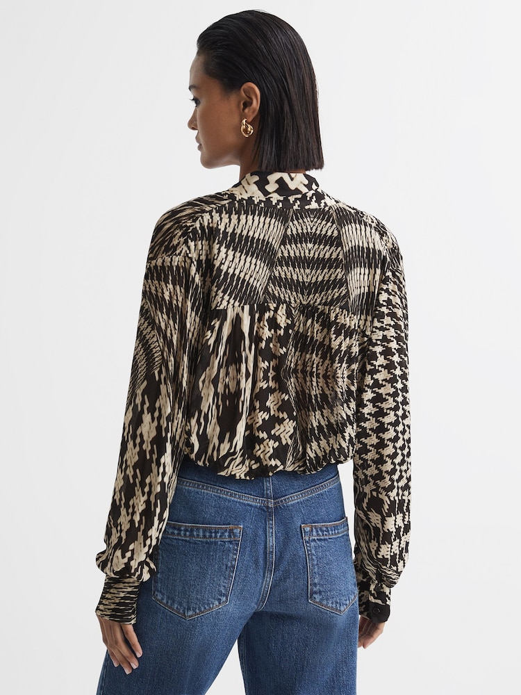 Reiss Black/White Cedar Dogtooth Tie-Neck Blouse - Image 5 of 5