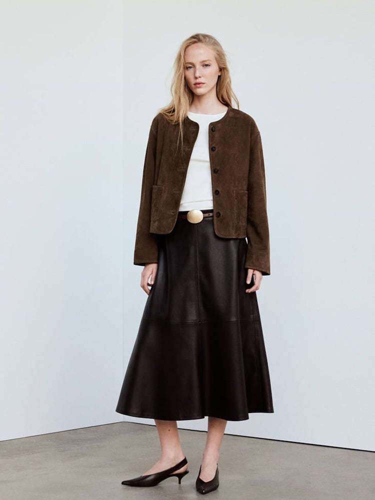 Mango Brown Faux Leather Midi A Line Skirt - Image 1 of 7