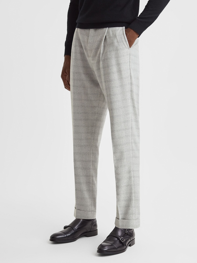 Reiss Soft Grey Ridge Slim Fit Prince of Wales Rolled Hem Trousers - Image 1 of 5