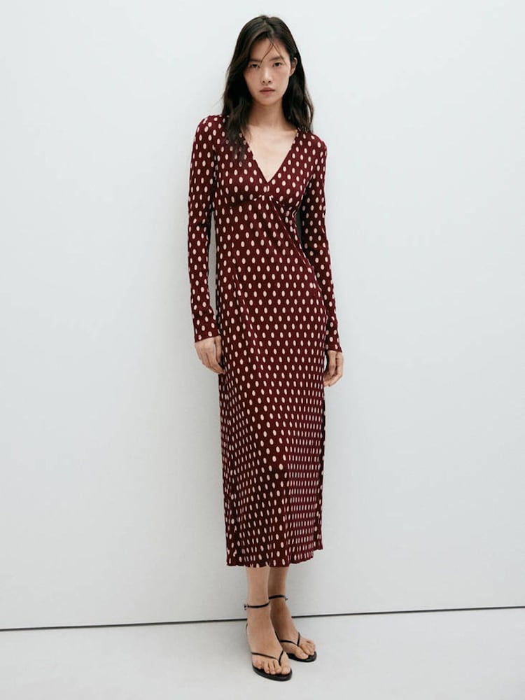 Mango Red Polka Dot Ribbed V-Neck Maxi Dress - Image 1 of 7