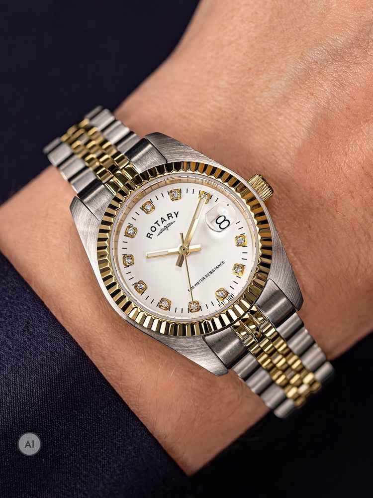Rotary Silver Cocktail Stone Set Dial Two Tone Plated Stainless Steel Bracelet Watch - Image 1 of 5