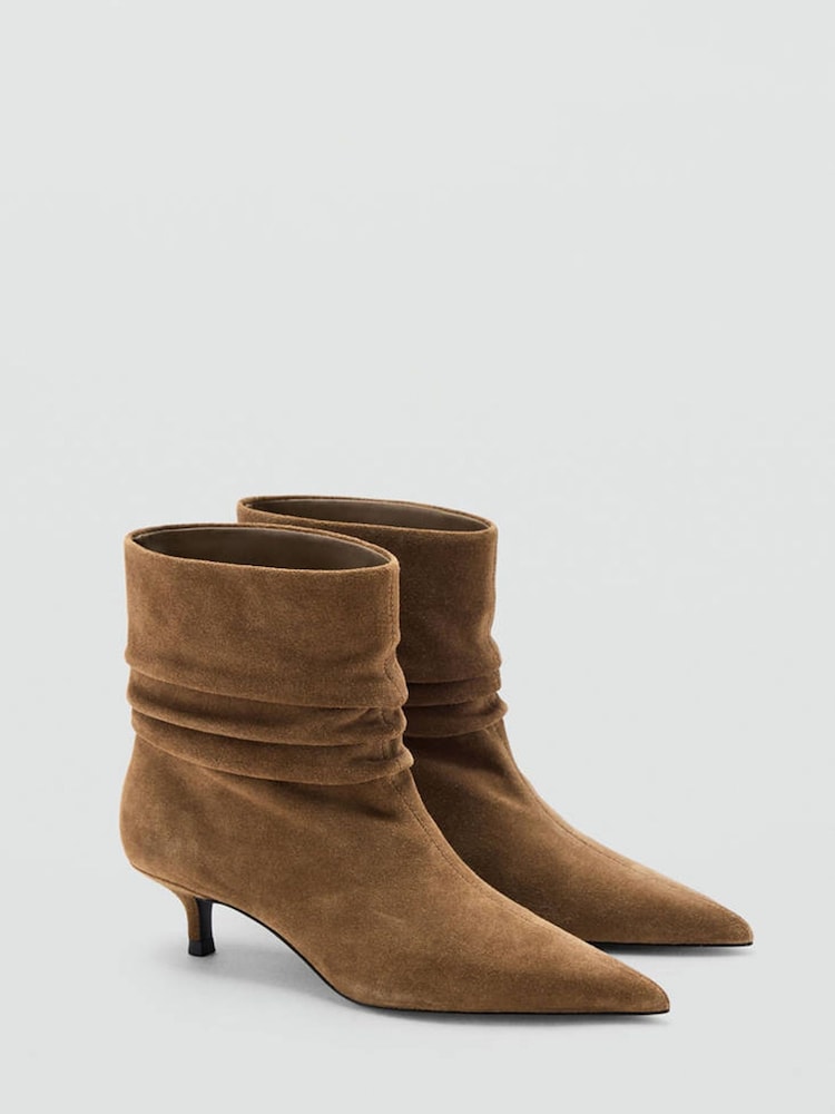 Mango Brown Suede Ruched Kitten Heel Ankle Boots - Image 1 of 4