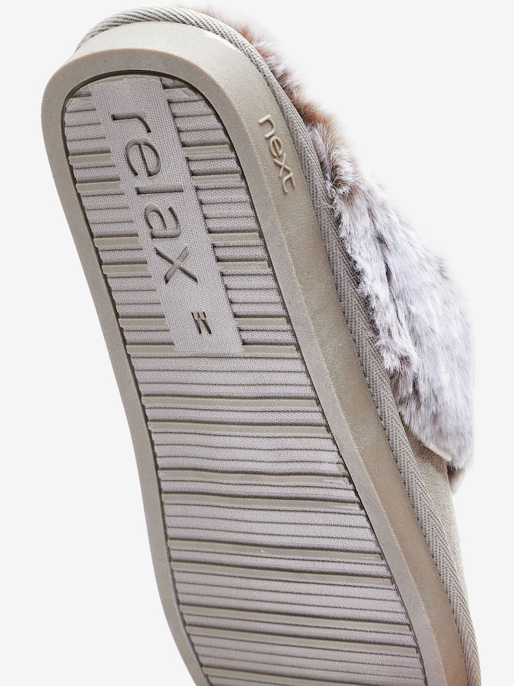 Pale Grey Suede Faux Fur Lined Mule Slippers - Image 1 of 1 Pale Grey Suede Faux Fur Lined Mule Slippers - Image 1 of 1