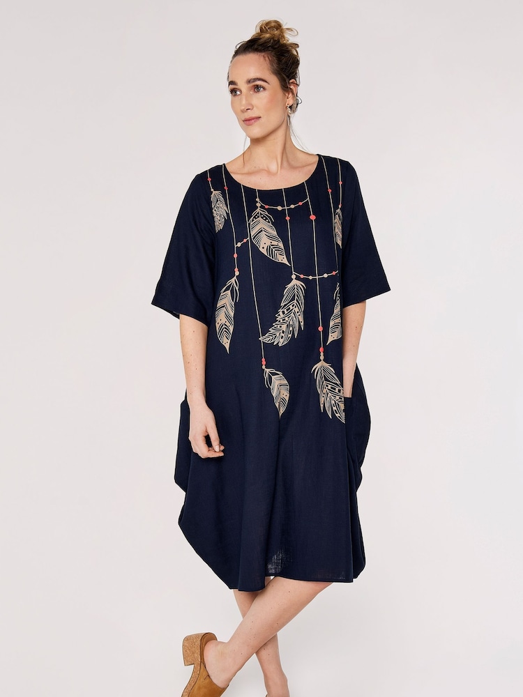 Apricot Navy Blue Multi Feather Necklace Print Midi Dress - Image 1 of 4 Apricot Navy Blue Multi Feather Necklace Print Midi Dress - Image 1 of 4
