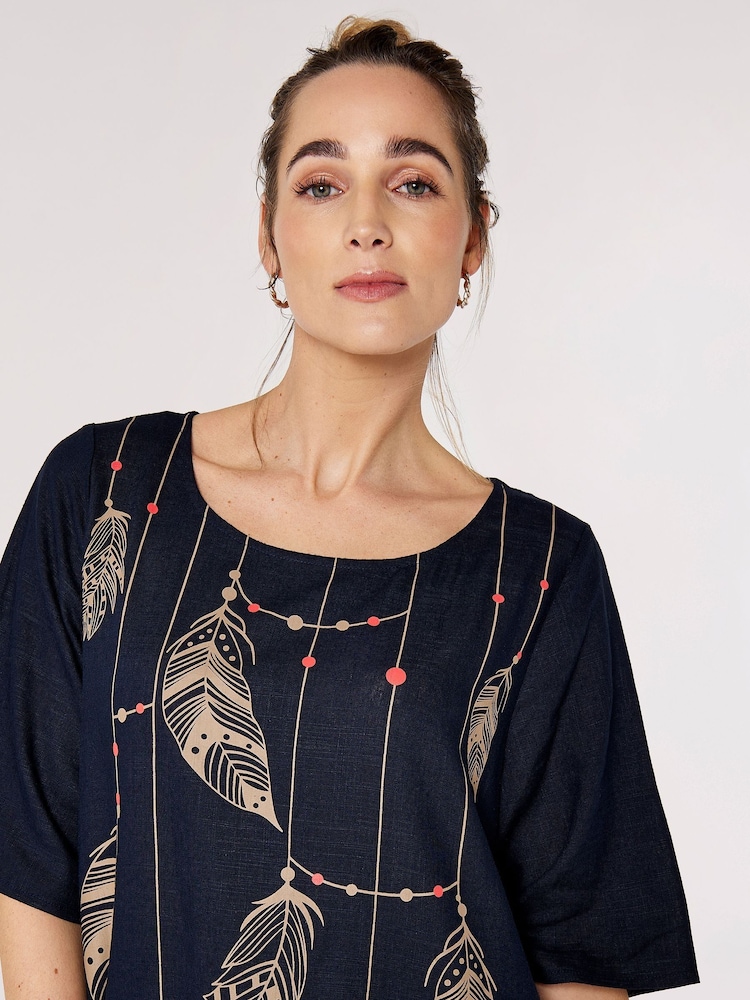 Apricot Navy Blue Multi Feather Necklace Print Midi Dress - Image 4 of 4 Apricot Navy Blue Multi Feather Necklace Print Midi Dress - Image 4 of 4