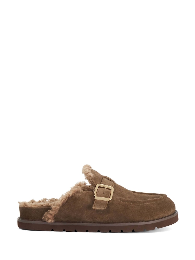 Dune London Khaki Brown Suede Gogetter Suede Buckle Backless Loafers - Image 1 of 5 Dune London Khaki Brown Suede Gogetter Suede Buckle Backless Loafers - Image 1 of 5