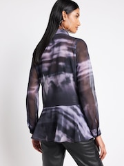 Blue/Black Abstract Printed Flutter Hem Long Sleeve Blouse - Image 3 of 6