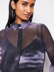 Blue/Black Abstract Printed Flutter Hem Long Sleeve Blouse - Image 4 of 6