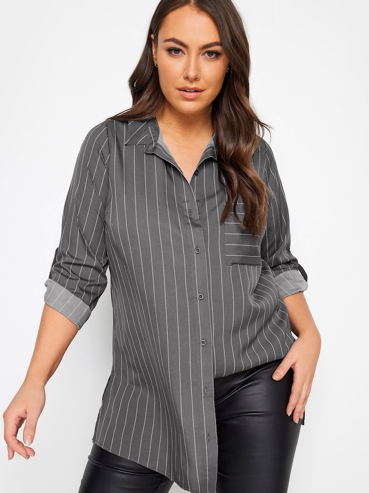 Yours Curve Grey Boyfriend Striped Shirt - Image 1 of 4