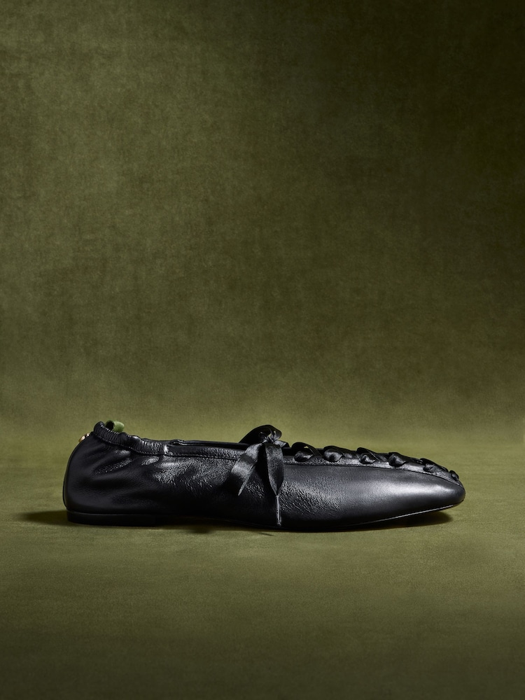 CERENE Black Leather Arlo Lace Up Ballet Flats - Image 2 of 5