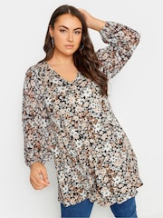 Yours Curve Black Cream Abstract Print Mesh Swing Top - Image 1 of 4