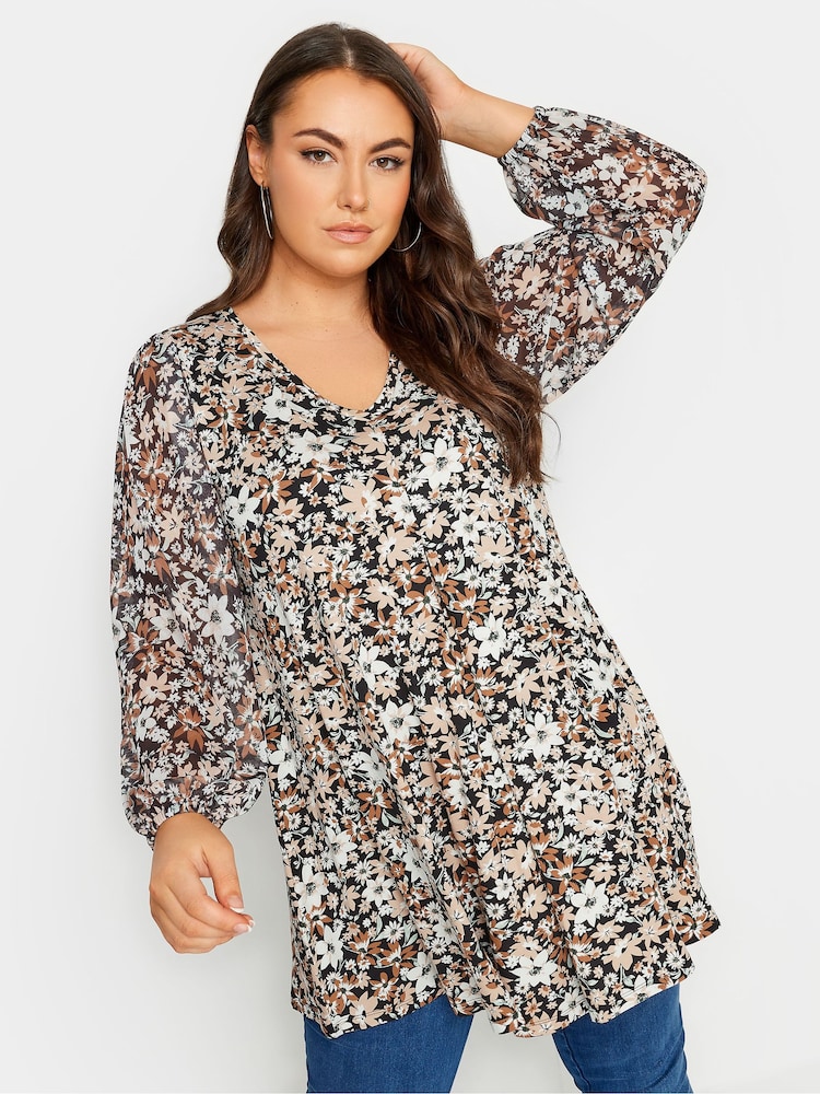 Yours Curve Black Cream Abstract Print Mesh Swing Top - Image 1 of 4