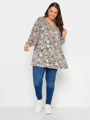 Yours Curve Black Cream Abstract Print Mesh Swing Top - Image 2 of 4
