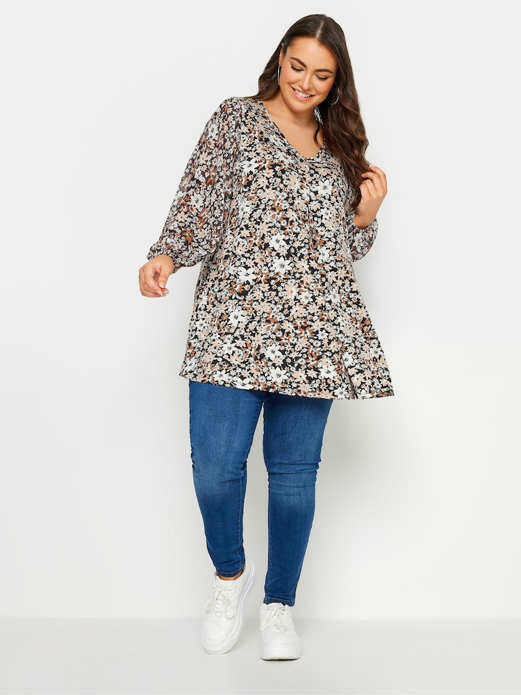 Yours Curve Black Cream Abstract Print Mesh Swing Top - Image 2 of 4