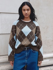 Albaray Chocolate Brown Argyle Jumper - Image 1 of 5