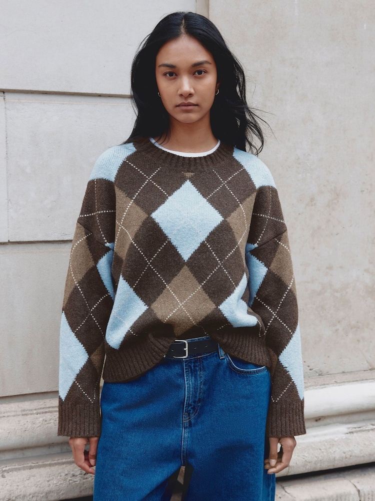Albaray Chocolate Brown Argyle Jumper - Image 1 of 5 Albaray Chocolate Brown Argyle Jumper - Image 1 of 5