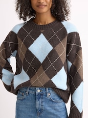 Albaray Chocolate Brown Argyle Jumper - Image 3 of 5