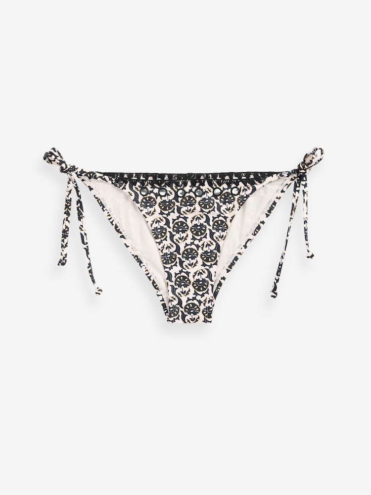 Black/Ecru Foil Woodblock Charm Tie Side Bikini Bottoms - Image 7 of 7