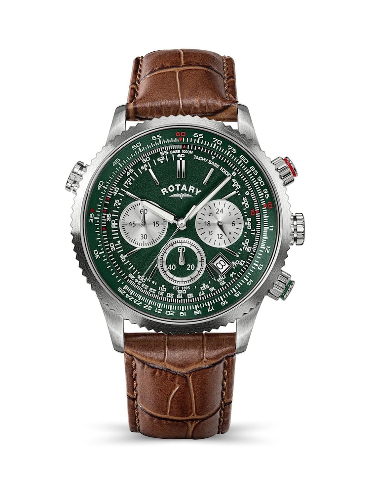 Rotary Brown Pilot Chronograph Green Dial Stainless Steel Leather Strap Watch - Image 1 of 6