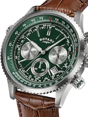 Rotary Brown Pilot Chronograph Green Dial Stainless Steel Leather Strap Watch - Image 2 of 6