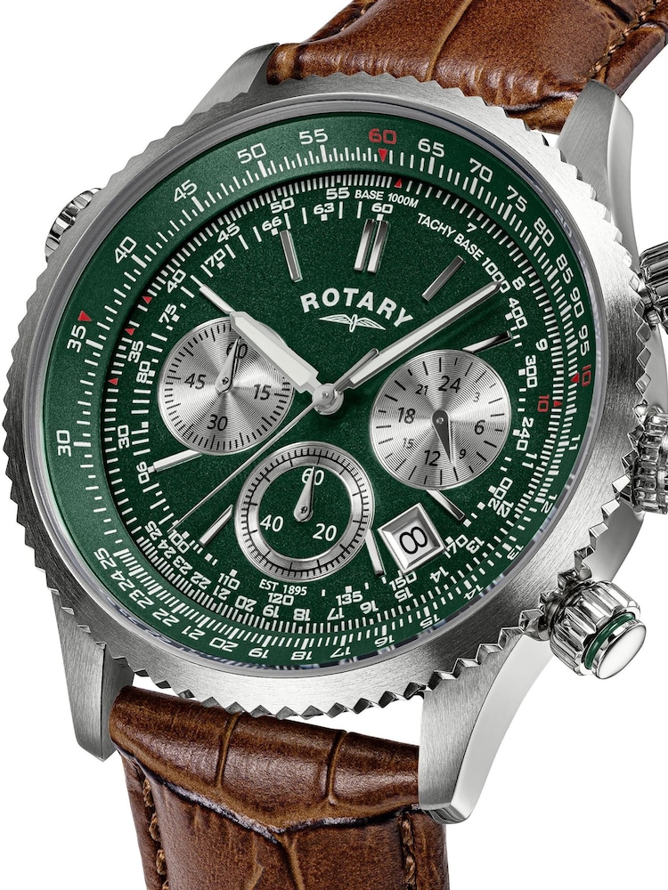 Rotary Brown Pilot Chronograph Green Dial Stainless Steel Leather Strap Watch - Image 2 of 6