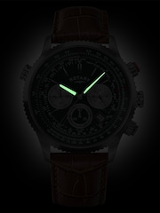 Rotary Brown Pilot Chronograph Green Dial Stainless Steel Leather Strap Watch - Image 4 of 6