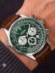 Rotary Brown Pilot Chronograph Green Dial Stainless Steel Leather Strap Watch - Image 6 of 6